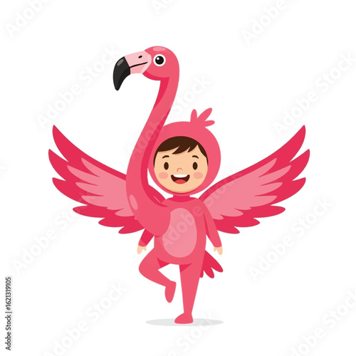 A child dressed in a pink flamingo costume stands on one leg, smiling with wings spread against a white background.