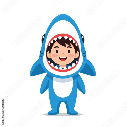 Smiling child wearing a blue shark costume with white belly and visible teeth, standing against a white background.