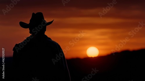 Silhouette of cowboy watching orange sunset in the west.