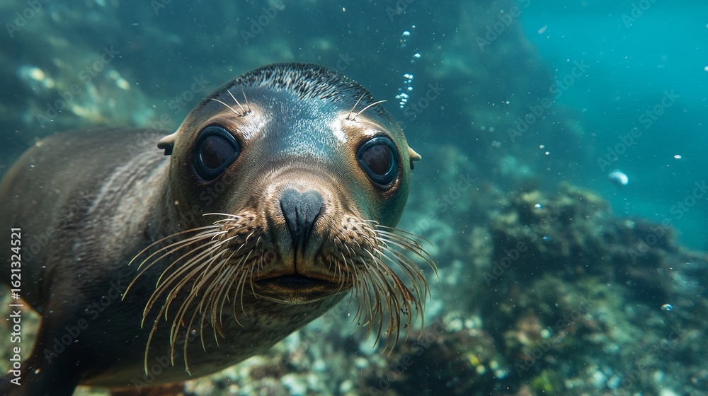 Fototapeta premium Seal looking into camera at depth of dive