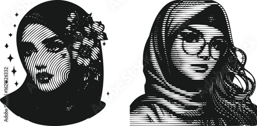  Beautiful Retro Girl Portrait with Niqab Lined Photocopy Engraving Monochrome Vintage Style Bundle