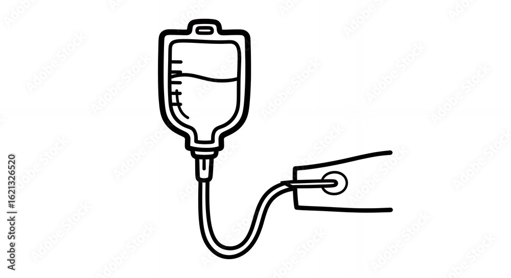 Obraz premium Monochrome Line Art of Medical Intravenous Drip Bag Connected to Hand a Clean Simple Design with Clear Outline in Black and White Isolated on a White Background medical hand drawn sketch line art