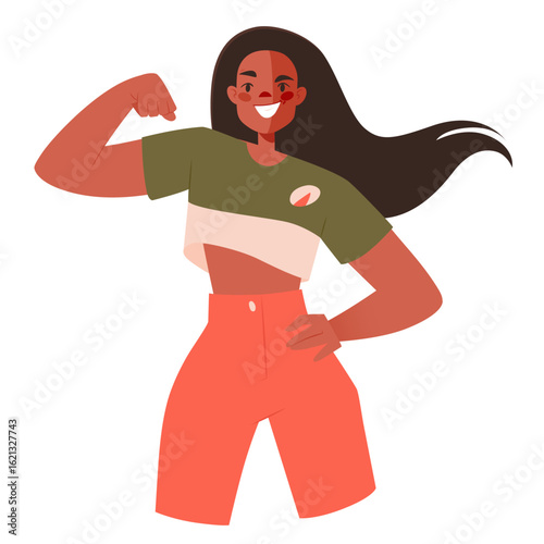 Confident brave woman with strength and spirit motivated and ambitious character. Strong woman gesturing with clenched fist. Confident, strong winner with raised hand. Sign of strength and solidarity 