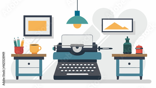 A vintage typewriter displayed on a clean white desk with modern decor accents.