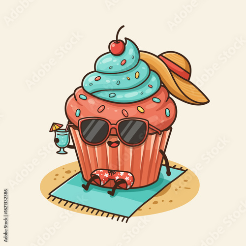 Summertime Cupcake Fun Beach Vacation Illustration