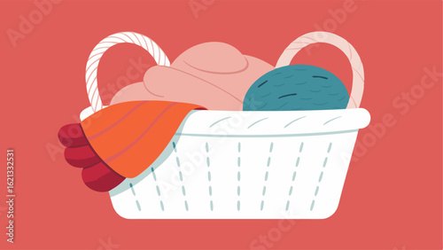 A white wicker storage basket overflowing with cozy knitted blankets.