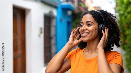Smiling Woman with Headphones Enjoys Music in a Cartagena Street with Colorful Building Facades on a Sunny Day