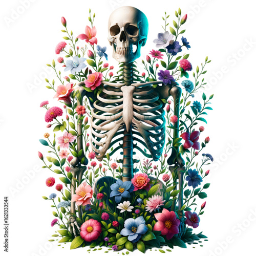 Skeleton Amidst Flowers: A human skeleton sits serenely amidst a vibrant profusion of colorful flowers, creating a striking juxtaposition of life and death.