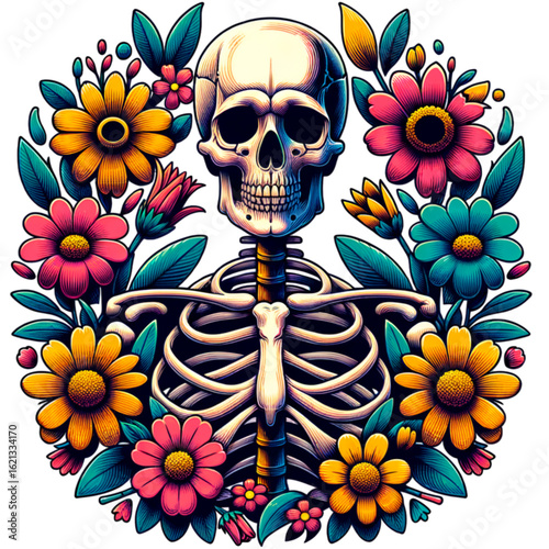 Day of the Dead Skull with Floral Adornments: A vibrant and intricate artistic representation of a skull, meticulously adorned with colorful flowers and foliage.