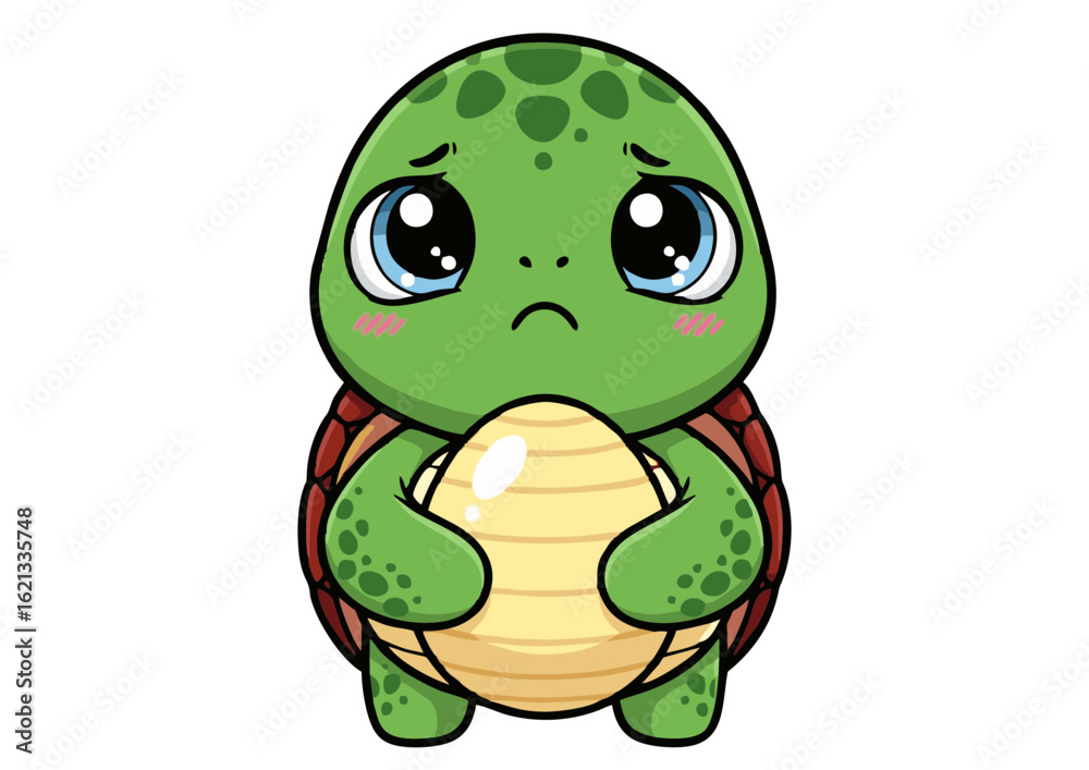 Obraz premium Cute Sad Cartoon Turtle Holding an Egg.