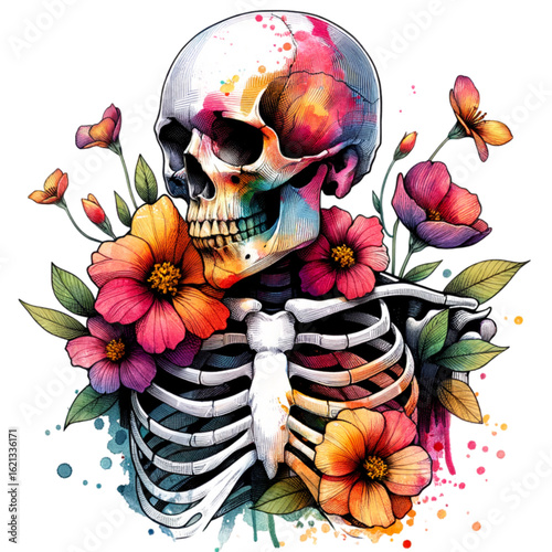 Floral Skull: A vibrant and artistic portrayal of a human skull adorned with colorful flowers, evoking themes of life, death, and beauty.