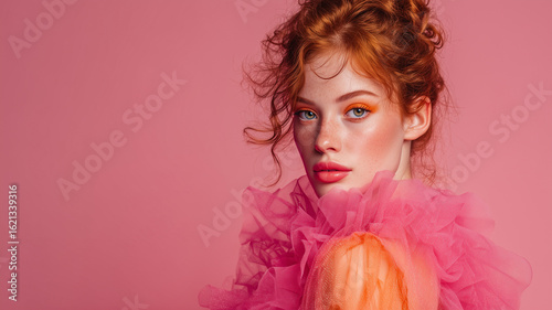 Profile view of an attractive and sensual redhead woman posing in a pink dress and vibrant makeup on a pink background with copy space