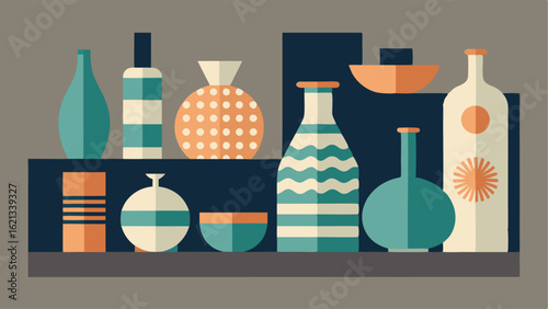 A shelf lined with various ceramic vases in different sizes and shapes featuring unique abstract designs and textures.