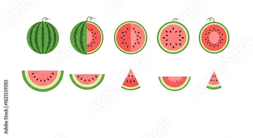 Vibrant collection of watermelon icons in a flat design style, featuring whole fruit, half, and various juicy slices isolated on a white background