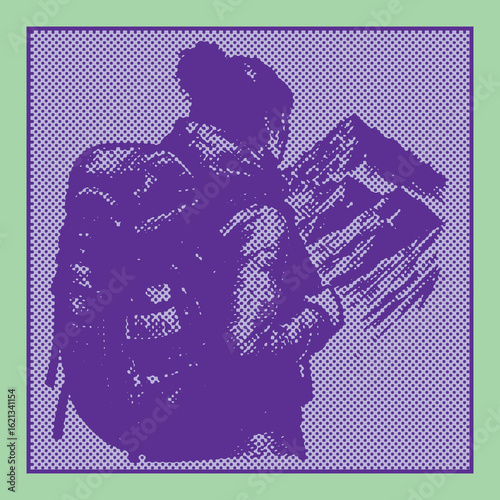  Dot halftone canvas template of female hiker with backpack near mountain in purple vector design