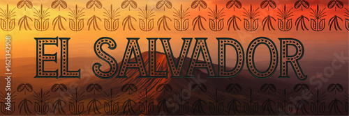 El Salvador Text Banner with Coffee and Volcano Motifs at Sunset – Traditional Central American Art Illustration