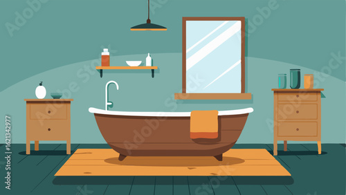 A sleek and modern bathroom with a rustic touch featuring a vanity made of reclaimed wood and a freestanding soaking tub.