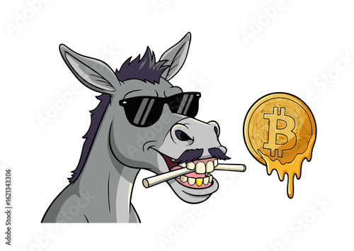 Cool Donkey with Sunglasses Mustache and Bitcoin.