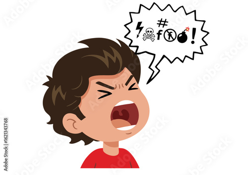 Cartoon Boy Screaming Profanity with Angry Facial Expression and Speech Bubble.
