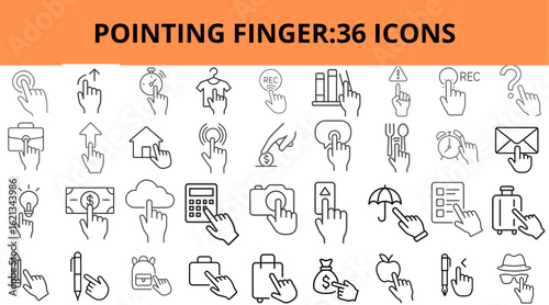 Pointing finger icons set in various actions and styles  