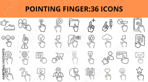 Pointing finger icons in various styles and actions for design use  