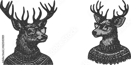  Monochrome retro lined engraving of deer wearing sweater and glasses illustration bundle design set