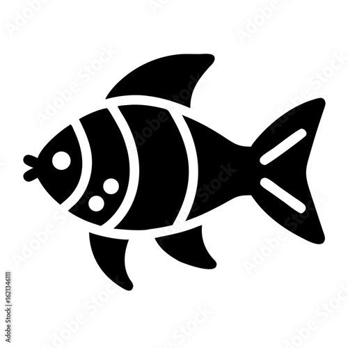 Simple graphic representation of a tropical fish swimming toward the viewer