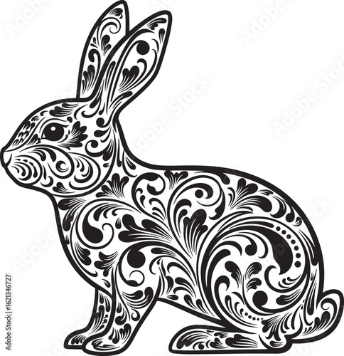 Black ornate rabbit silhouette with floral patterns