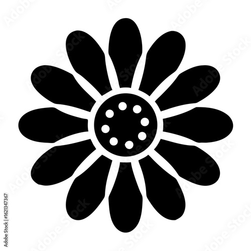 Simple black and white flower illustration with center detail and petals