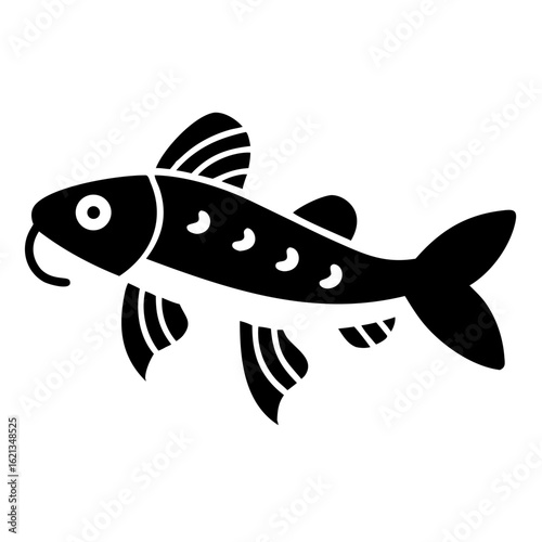 Stylized Black and White Illustration of a Whiskered Fish with Round Spots