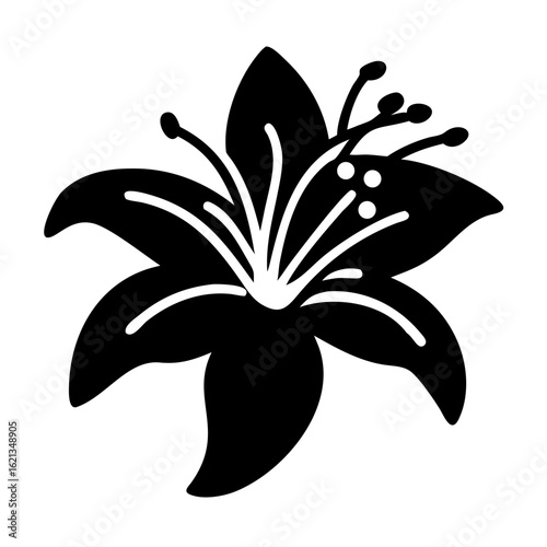Silhouette of a blooming lily flower, isolated on white background, minimalist design