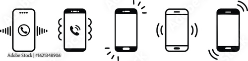 Five ringing and vibrating smartphones with call icons mobile phone