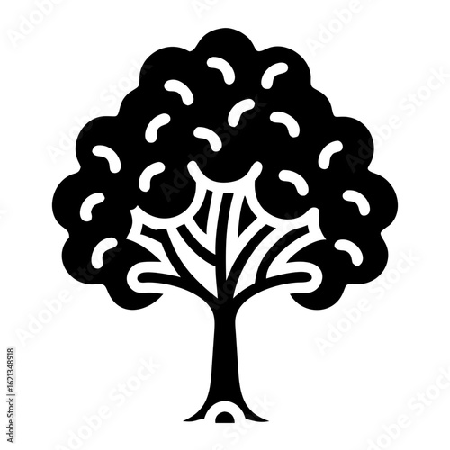 Black silhouette of a deciduous tree with a dense, rounded crown, simple design