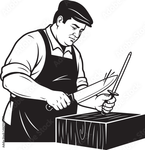 Butcher sharpening knife on steel with wooden block