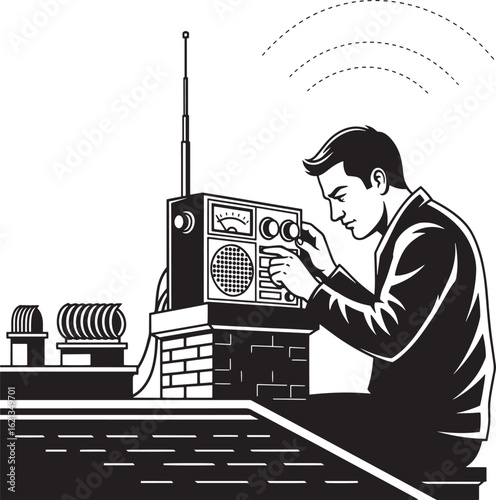 Man adjusting vintage radio on rooftop with antenna