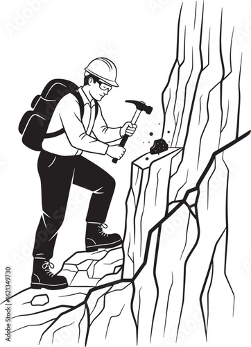 Geologist hammering rock on cliff face with backpack