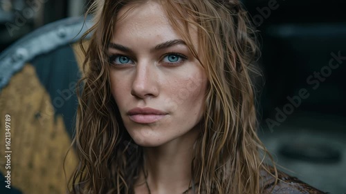 Intense viking woman warrior with braided wet hair.