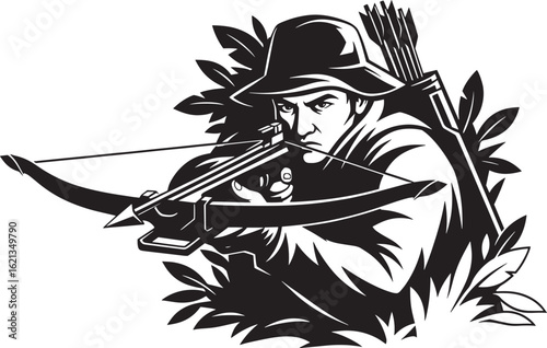 Man aiming crossbow in foliage hunting weapon