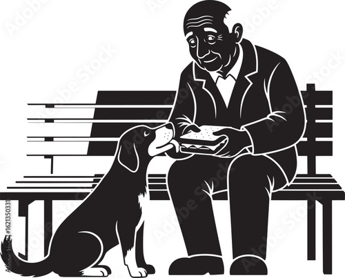 Man in suit shares sandwich with dog on park bench