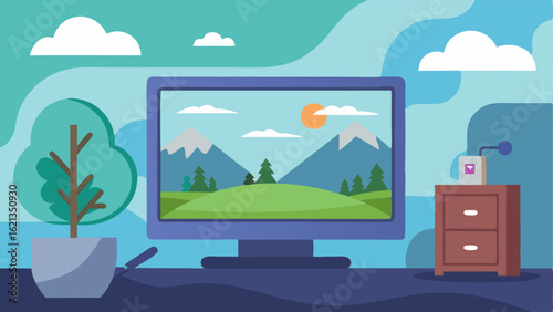 A wallmounted TV playing soothing nature videos to help patients relax.