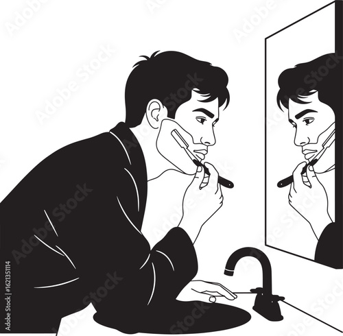 Man shaving face with straight razor in front of mirror