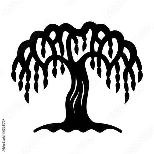 A stylized weeping willow tree with flowing branches in silhouette form