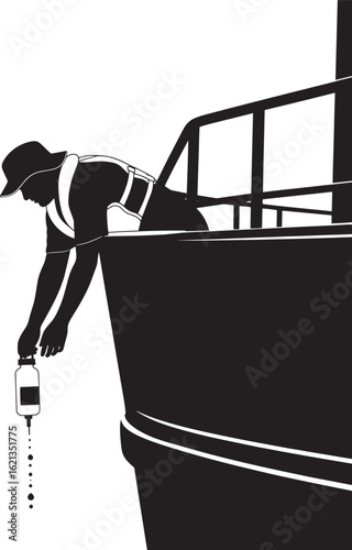 Person in life vest collecting liquid sample from ship