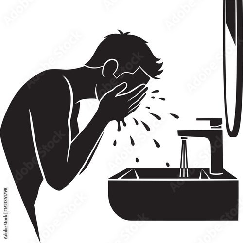 Person washing face at sink with splashing water vector