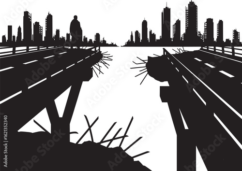 Silhouette of lone figure on destroyed highway overlooking ruined city