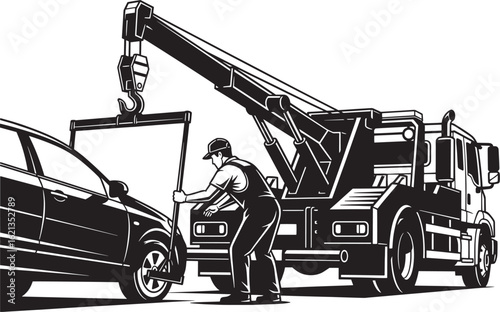 Tow truck operator secures car with tow hook mechanic