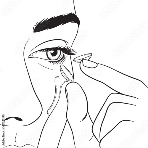 Woman applying contact lens to eye with finger vector