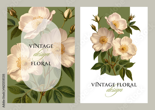 Vintage vector illustration with white wild roses on a changeable background. Floral design template for wedding invitation, greeting card, notebook cover, flyer or certificate.	