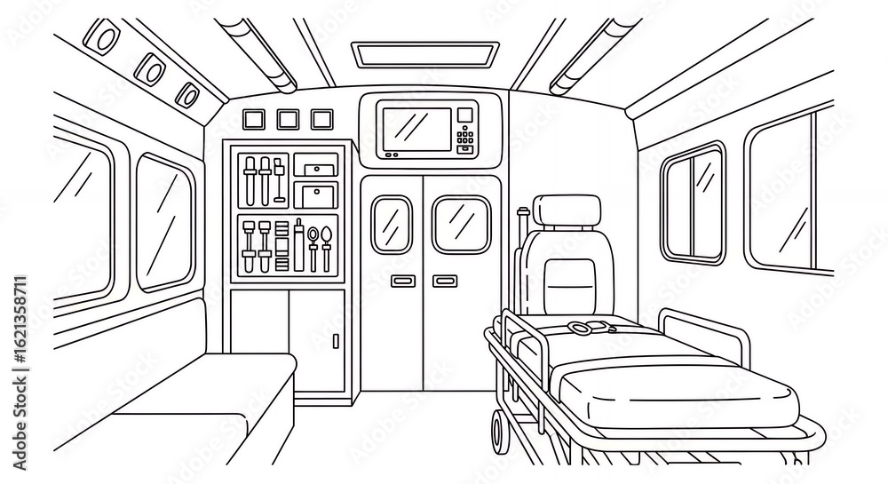 Fototapeta premium Detailed Interior of an Ambulance Line Art Medical Illustration Featuring a Stretcher Medical Equipment Cabinet and Seating Area in Monochrome hand drawn sketch style design
