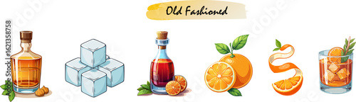 Old Fashioned ingredients. A stunning illustration of the elements needed to make the popular cocktail. A selection of orange peel, fruit and ice cubes are displayed
